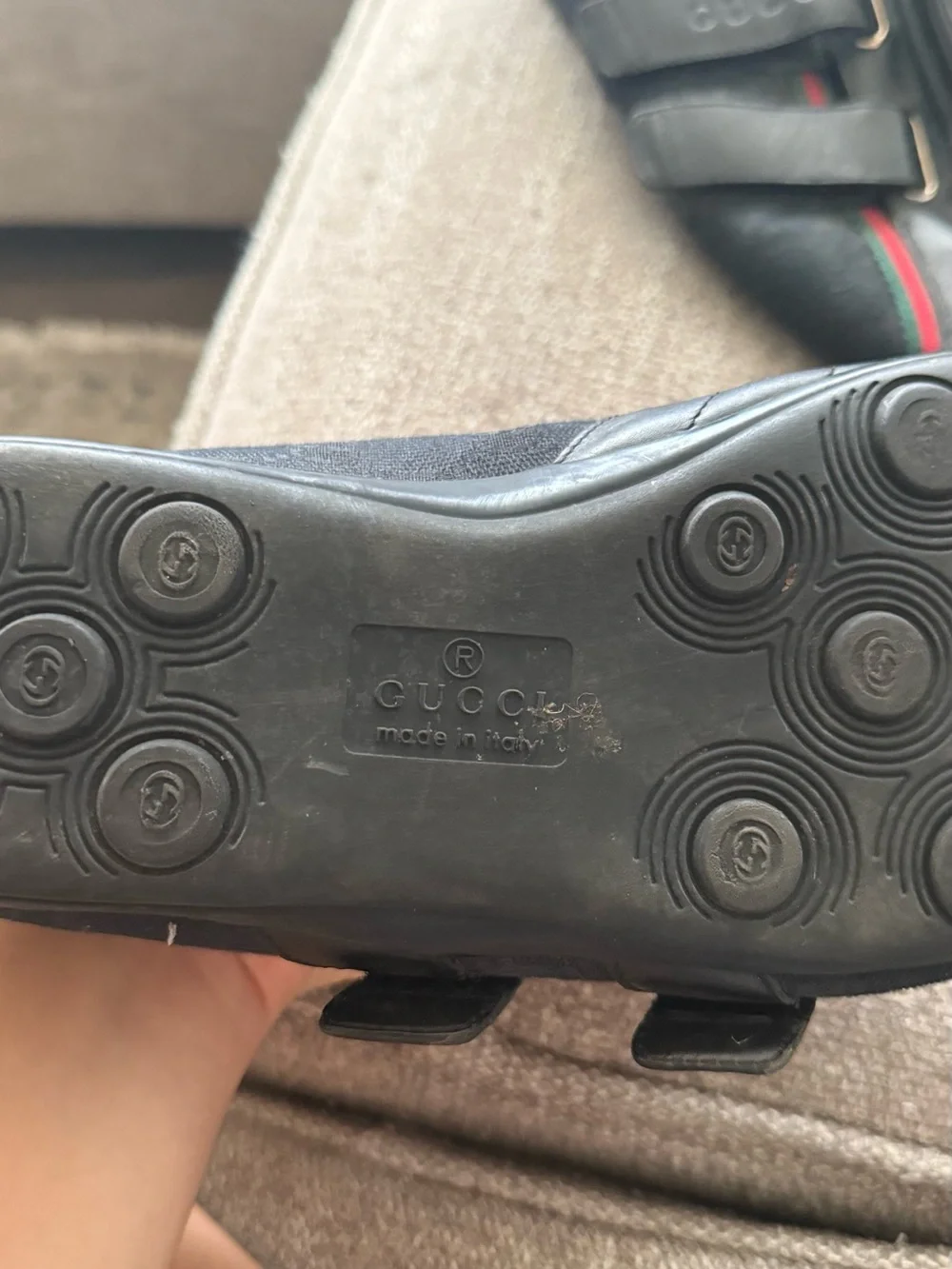 Vintage Gucci Black leather and monogram canvas velcro shoes